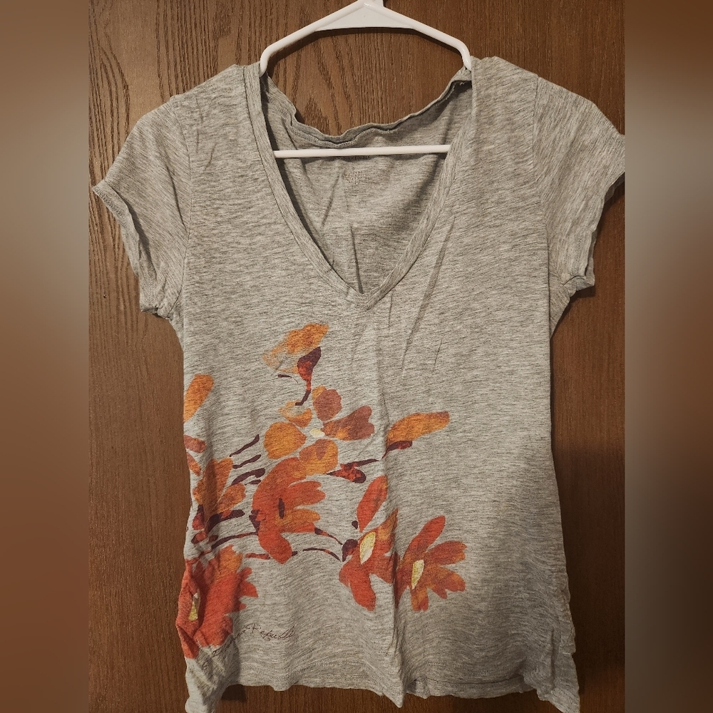 Banana Republic Gray and Orange Floral V-Neck Tee